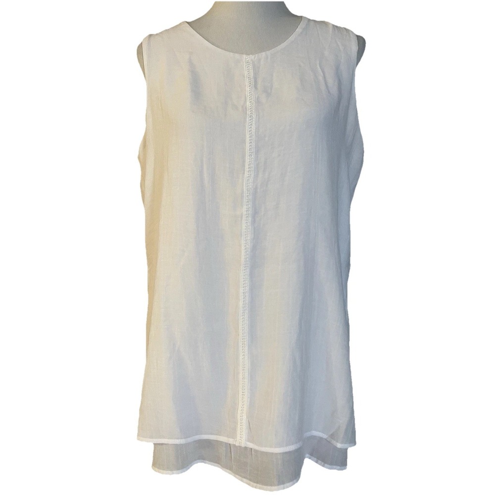Fever White Layered Tank Top Womens Sz L Embroidery Accent Classic Career Modern